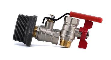 Detailed view of a water valve assembly, highlighting its mechanical components and red handle. photo