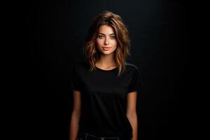 Young woman in a mock-up of a black T-shirt on a pale black background. Designer template, printed presentation layout photo