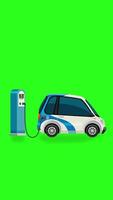An electric car charges at a station, showing battery levels from 4 to 100 on a green background video