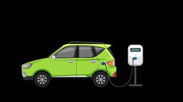 Animation of a green electric car charging, showing battery percentage increase from 5 to 100 on a black background video