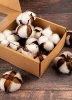 Artificial cotton buds in a craft box, great for autumn handmade decor or gift wrapping. Simple and rustic design for seasonal charm photo