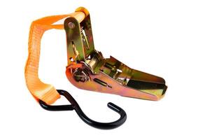 Industrial ratchet mechanism with attached orange tie-down strap and black hook, displayed on white. Clean stock image for product advertisement or e-shop. photo
