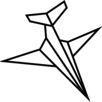 Black outline of a stylized angular airplane design, representing simplicity and flight. png