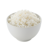Fluffy white cooked rice served in a simple plain ceramic bowl on its own png