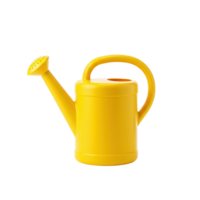 Bright yellow plastic watering can with a sturdy handle and functional sprinkle head png