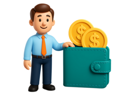3D Businessman with Wallet and Coins Illustration Isolated on Transparent Background png