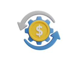 3D Dollar Coin with Gear and Circular Arrows for Money Flow Concept Isolated on Transparent Background png
