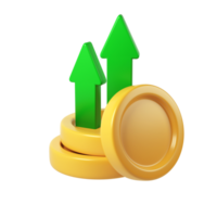 stack, Green arrows rising golden coin icon representing financial growth, investment performance, digital 3d rendering against transparent background png