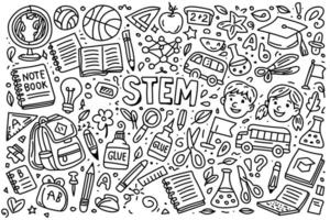 STEM education doodle illustration with school supplies, science and learning icons vector