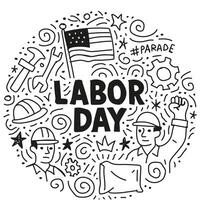 Labor Day illustration with American flag, workers, tools, gears, helmet and hand drawn patriotic elements for celebration concept vector