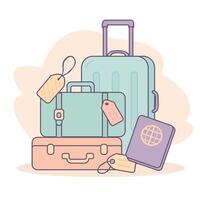 travel suitcases with tags and passport in pastel colors on white background vector