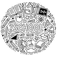 School doodle illustration with books, pencils, backpack, chalkboard, globe, ruler, bell, graduation cap and hand drawn education elements vector