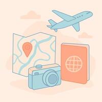 f travel essentials with map location camera passport and airplane in pastel colors vector
