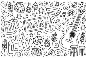 Bar illustration with beer mug, cocktail glass, bottles, guitar, hops, leaves, music notes and hand drawn pub party elements vector