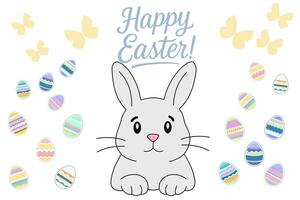 Cute Easter bunny illustration with colorful eggs, butterflies and festive lettering vector