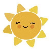 The sun looks like a cute cartoon character and has a surface that looks like a textured painting. png