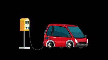 Animation of a red electric car charging from 0 percent to 100percen on a black backgroundt video