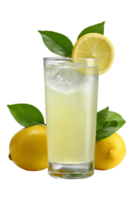 Refreshing lemonade in a glass with ice and lemon slices surrounded by lemon leaves png