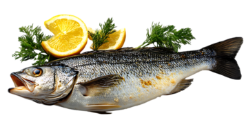 Roasted fish garnished with lemon and dill png