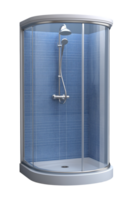 Modern corner shower enclosure with blue tile walls and chrome shower fixtures png