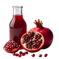 Pomegranate juice bottle and fresh pomegranates seeds and arils png