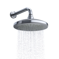 A modern chrome shower head with water flowing showing multiple water streams png