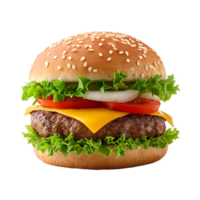 Juicy beef burger with cheese lettuce tomato and onion on a sesame seed bun png