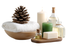 Spa day essentials soft towel fragrant oils candles and soap png