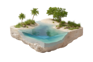 Miniature island paradise scene with palm trees green trees and a small inlet of clear water png