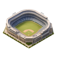 Aerial view of a baseball stadium filled with spectators a green field and surrounding landscaping png