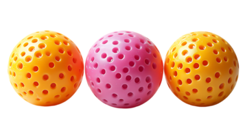 Three colorful balls with holes arranged in a row png