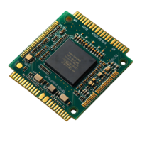Green circuit board with gold connectors and integrated chip close up view technology component png