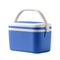 Blue and white portable food cooler with handle ideal for picnics and outings png