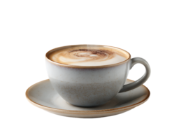 A cup of cappuccino with latte art sits on a saucer png