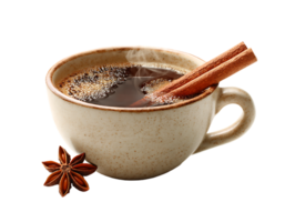 Steaming spiced coffee in a speckled mug with cinnamon sticks and star anise png