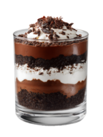 Delicious chocolate dessert layers in a glass topped with whipped cream and chocolate shavings png