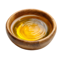 Golden oil in a wooden bowl swirls visible top view png