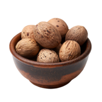 A rustic bowl filled with whole nutmeg seeds ready for use or sale png