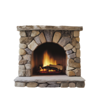 Stone fireplace with burning logs on transparent background png