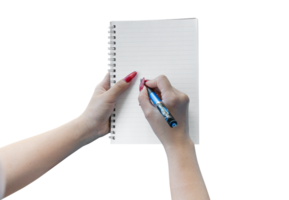 woman hands writing in empty notebook isolated on transparent png