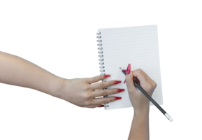woman hands writing in empty notebook isolated on transparent background png