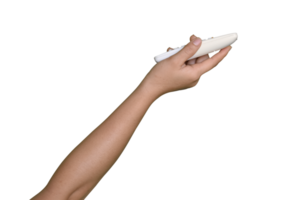 Hand holding air conditioner remote control isolated on transparent background, File png