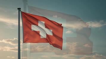 Switzerland flag waving on a flagpole with a transparent Switzerland flag background and bright sky video
