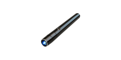 Sleek black flashlight with blue light isolated on transparent background png