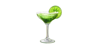 Green margarita cocktail with lime slice and salted rim in glass isolated on transparent background png