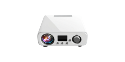 White home theater projector with colorful lens and control panel isolated on transparent background png