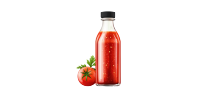 Bottle of tomato ketchup with fresh tomato and parsley isolated on transparent background png