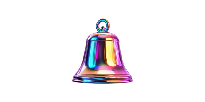 Metallic rainbow bell with shiny surface and loop handle isolated on transparent background png