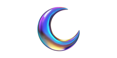 Iridescent crescent moon emblem featuring glossy surface on transparent background png