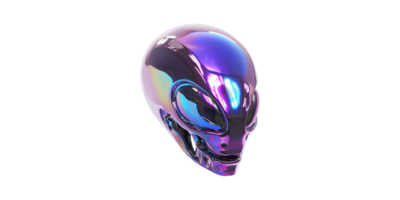 Futuristic alien head sculpture with metallic iridescent surface set isolated on transparent background png
